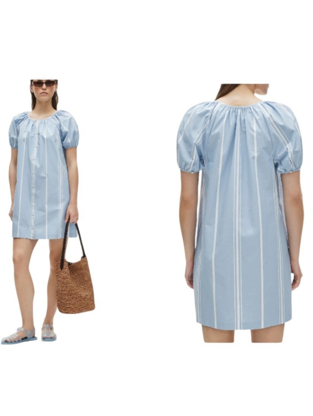 NWT J. Crew Puff-sleeve popover dress striped cotton poplin Watercolor Blue S